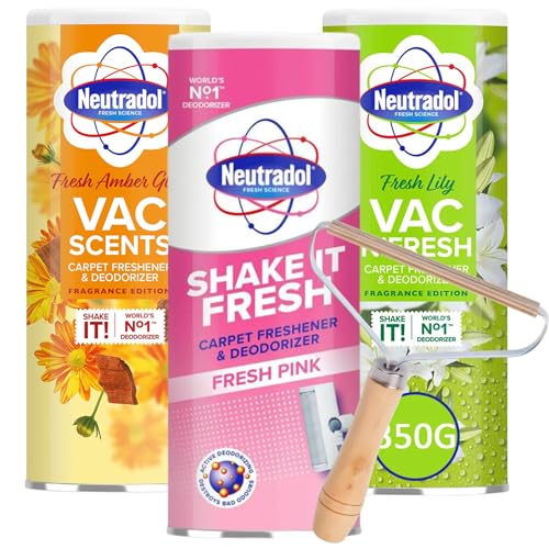Image of Shake and Vac Carpet Freshener 3-in-1 Bundle | Vac N Fresh 350g Carpet Deodoriser Powder 3 Pack | Multi Scent | Odour Control for Home & Pets | Includes Spinrock Supplies Lint Remover