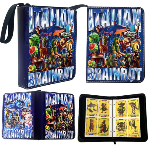 Italian Brainrot Trading Card Binder 4 Pocket 400 Pockets Zipper Card Binder Album for Brainrot Cards Waterproof Card Storage Holder with Removable Sleeves (1-Blue)