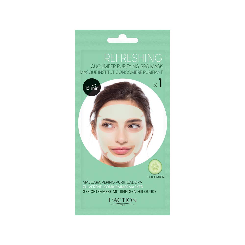 L'Action ParisCucumber Purifying Spa Mask, Sheet Mask Balances and Purifies Skin, Enriched with Soothing Aloe Vera and Revitalising Papaya, Ideal for Tired Skin, Pack of 1