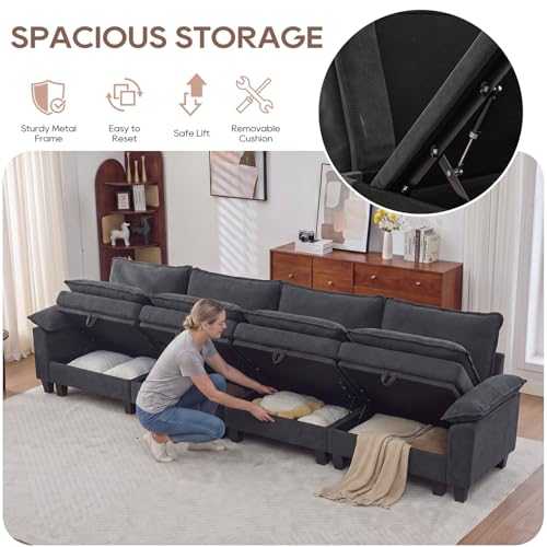 Image of IPKIG 151 inch Modular Cloud Couch with Storage, U Shaped Sectional Sofa with Ottoman & Pillow, Velvet Deep Seat Sectional Couches for Living Room, Apartment, Dark Grey