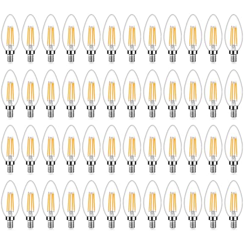 Image of Yochoice 48-Pack Dimmable E12 Candelabra Bulbs 40Watt Equivalent, 2700K Warm White, 450Lumens, 4W B11 Vintage Chandelier Light Bulbs, Filament Clear Glass Candle Lamp for Ceiling Fan Home Decor