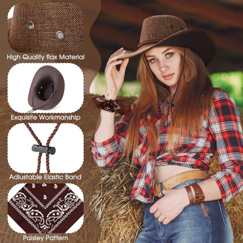 Image of Zhanmai 12 Pcs Cowboy Hat and Bandana Cowboy Cowgirl Hats Bulk Western Party Costume Halloween Accessory