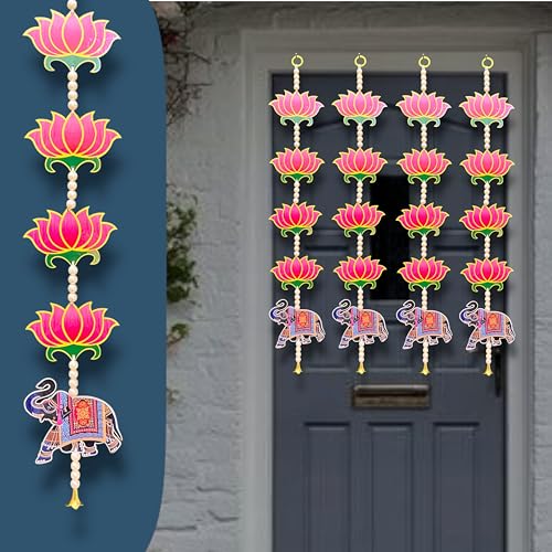 Image of Rajasthan Kraft Pack of 4 Handmade MDF Lotus Decorative Hanging with Beads & Bell Traditional Door & Wall Decor for Makar Sankranti, Lohri, Wedding & Festive Home Decoration 24 x 4 Inch (RK-H-197-4)