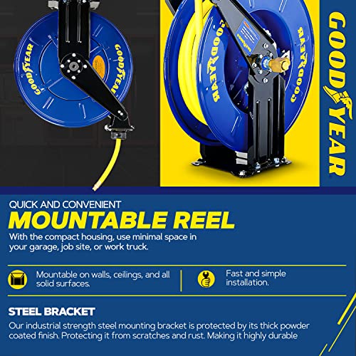 Image of Goodyear Air Hose Reel Retractable 1 /2 inch Inch x 50' Foot Long Premium Commercial Driven Sbr Hose Max 300 Psi Reinforced Steel Construction Heavy Duty Retractable Spring Industrial Dual Arm and Pedestal