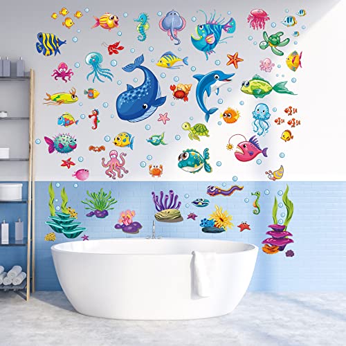Prabahdak Decorative Fish Wall Stickers Under The Sea Fish And Coral Reef Wall Decals Peel And Stick Watercolor Ocean Creatures Wall Decor For Kid Baby Nursery Bedroom Bathroom Bedroom Living Room #TOP2