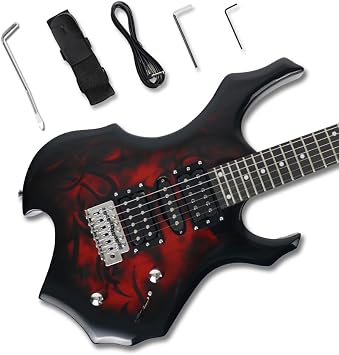 Flame Shaped Full Size Electric Guitar HSH Pickups Red Black Fire Graphic Solid Body with Tremolo Bridge Metal Rock Gothic Style Guitar for Beginners And Intermediate Players HYFIRE