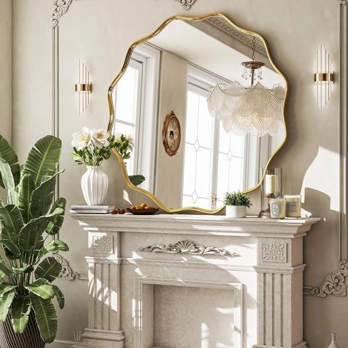 Image of VooBang Gold Scalloped Circle Mirror, 36 inch Wavy Edge Round Wall Mirror