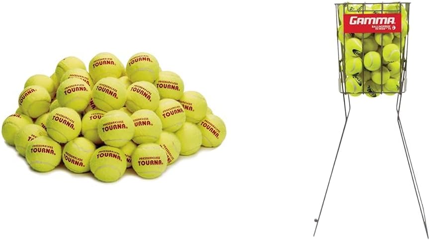 Tourna 60 Count Pressureless Tennis Balls and Gamma Hi-Rise 75 Ball Hopper Tennis Ball Storage