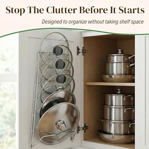 Evelots 6-Tier Pot Lid Organizer for Cabinet Door or Pantry Wall - Pots and Pans Lid Holder Rack - Glass or Metal Pan Covers Cabinet Organizer Kitchen Storage - Chrome Finished - Thumbnail 3