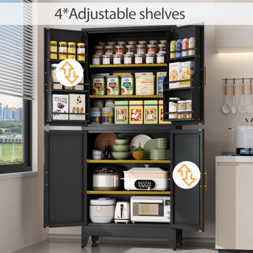 Image of Black Kitchen Pantry Storage Cabinet, 75 inch Metal Storage Cabinet