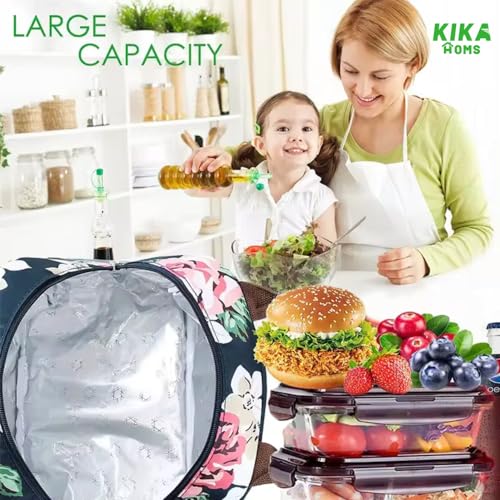 Image of KIKA HOMS Insulated Lunch Bag for Office Women, Girls, and Kids, Large Capacity with Multi-Compartments, Waterproof and Leak-Proof, Floral Print