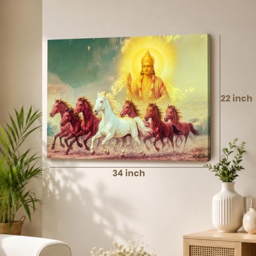 Image of PAINTINGMANRA Shurya Dev 7 Running Horses Canvas Wall Art Painting For Living Room Seven Horse Vastu Feng Shui Canvas Painting Positive Energy Wall Art For Home, Office, 22x34 Inch