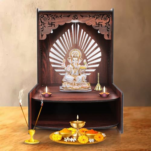 Image of Olive Tree Ethnic Wooden Pooja Mandir for Home Handcrafted Puja Stand | Wall Mounted with LED Spot Light | Mandapam, Pooja Ghar, Temple Office Decor - Walnut Size 12X12X16 Inch 1009