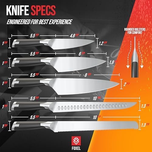 Miniatura 7 de FOXEL Juego de cuchillos de chef de 5 piezas acero inoxidable alemán ultra afilado de alto carbono, cuchillos de cocina profesionales, aptos para
