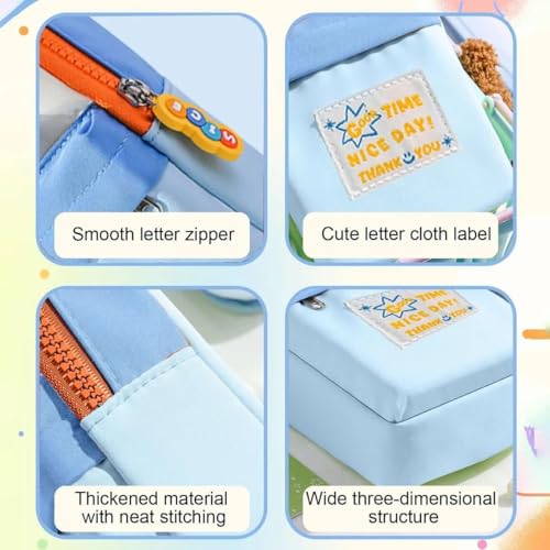 Image of Canvas School Bag Pencil Case, 3 Layer 6 Compartment Large Capacity, Aesthetic Pencil Pouch for Stationary, Cute Stationery for Kids, Pencil Case for Girls & Boys (Blue Star)