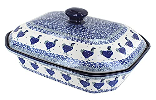 Blue Rose Polish Pottery - Blue Barnyard Rooster Large Covered Baker - 6 Cup Capacity - Unique, Dishwasher Safe, & Durable Bakeware