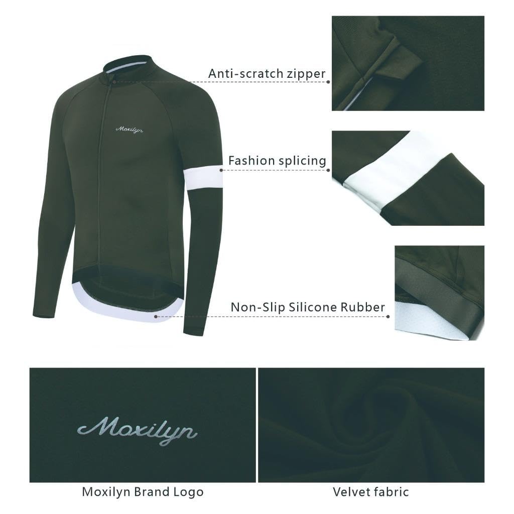 Moxilyn Jersey de ciclismo de invierno para hombre, manga larga, forro polar térmico, clima frío, chaquetas de ciclismo cálidas, bolsillos con cremallera, verde militar, 3XL