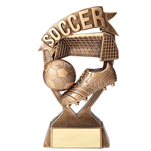 SHOP AWARDS AND GIFTS Customizable 7 Inch Antique Gold Finish Resin Soccer Banner Trophy, Includes Personalization