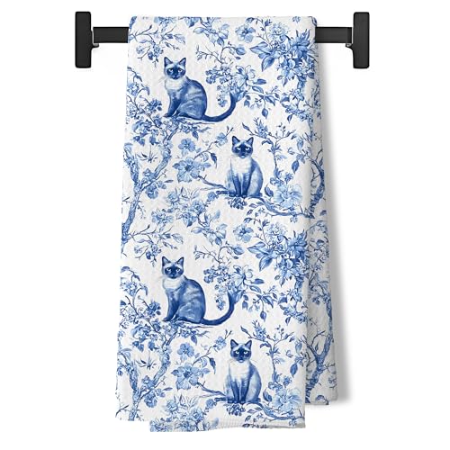 BUJSP Chinoiserie Siamese Cat Gifts Kitchen Towels,Blue and White Grandmillennial