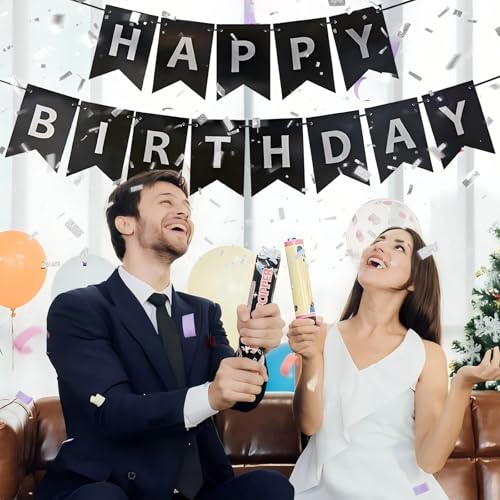 Image of Black Happy Birthday Banner,Pre-Strung Black and Silver Birthday Party Decorations,16ft Hanging Sign for Kids, Girls, Boys, Women - No DIY, Backdrop Supplies