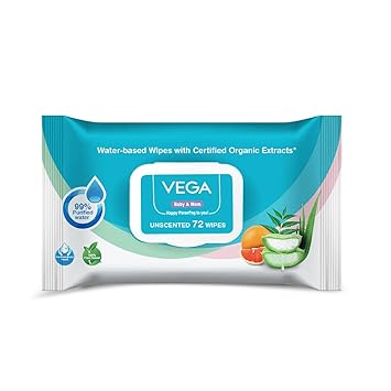 Vega Baby & Mom 99% Pure Water Wipes - 72 Piece|Wipes for Delicate Baby Skin |Enriched With Organic Extracts | Dermatologically Tested |Thick Unscented Wipes for Skin, (VBHA3-07)