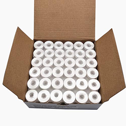 Image of YEQIN Prewound Bobbin Thread, Plastic Side, 144pcs Type L Size (SA155) White 75D /2 Polyester Thread, Compatible with Babylock, Barudan, Bernina, Brother, Consew, Singer, Tajima and More