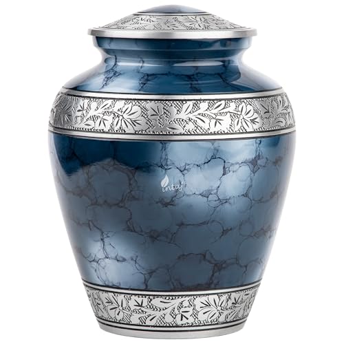 INTAJ Urna de cremación de aluminio azul nube para cenizas humanas, capacidad de 90.7 kg para adultos, urna funeraria de metal con tapa roscada, contenedor conmemorativo decorativo para entierro o