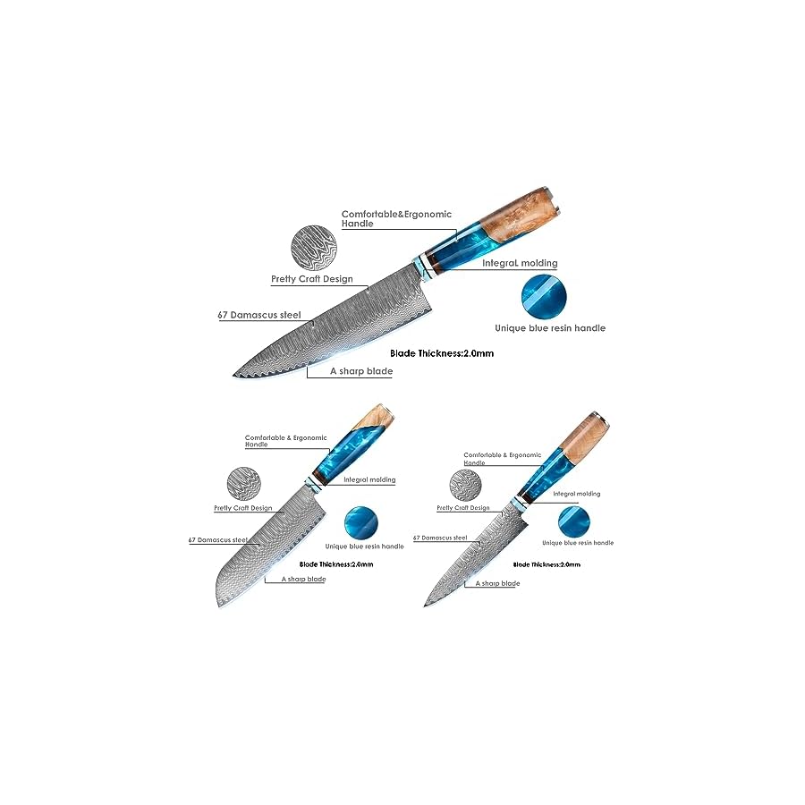 Chef Knife Set Damascus, 3PCS Professional Japanese VG10 Damascus Steel Kitchen Knife Set Chefs Knife, Paring knife, Santoku Knives, Chef Knife Set for Kitchen with Gift Box