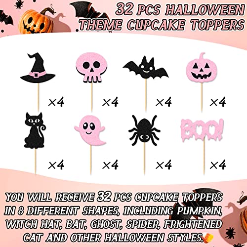 32 Pcs Pink Halloween Cupcake Topper Bat Boo Ghost Pumpkin Spider Cat Skeleton Witch Hat Theme For Gender Reveal Baby Shower Kids Girl Boy Party Supplies #TOP2