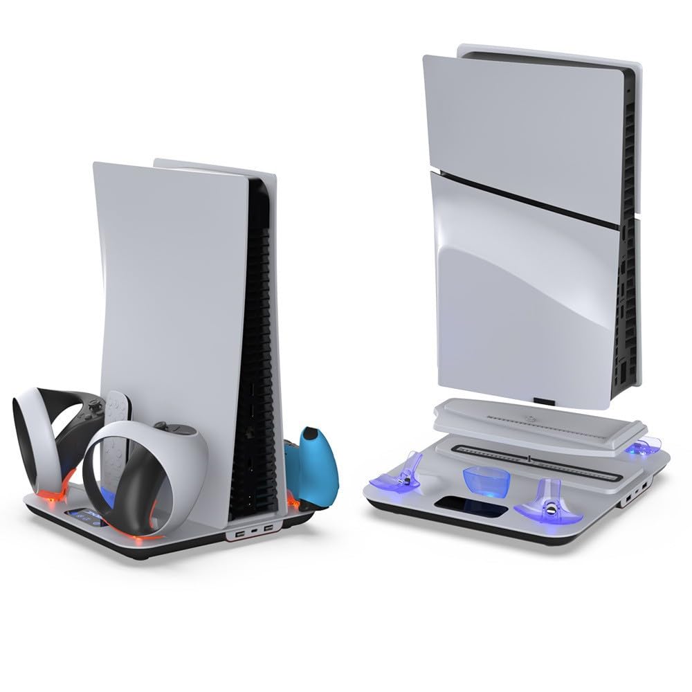 Estación de refrigeración con estación de carga de doble mando consola para PS5 Slim, cargador de mando, ventilador de refrigeración, colgador de auriculares Base multifuncional