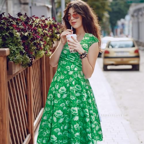 Vestidos Casuales Mujer, Vestido Estampado Floral Manga Corta de Verano, Cuello en V Vestido Elegante Bohemio de Playa, Clásico Retro Primavera Verano Diaria Fiesta Formal (Verde)-XL - imagen 5