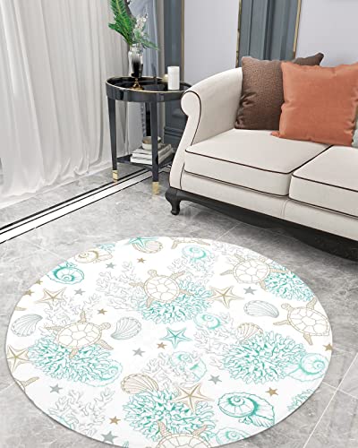 Round Carpet Plush Area Rug Ocean Cute Sea Turtle Coral Shell Starfish, Soft Shaggy Floor Mats Circular Furry Rugs Cartoon Art for Bedroom/Living Room/Nursery/Kids Room - Image 2