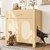 HACHIKITTY Cat Litter Box Enclosure, Hidden Cat Litter Box Furniture with Scratching Board Doors and Storage Drawer, Wooden Washroom Cat House Table Nightstand Box Cabinet, Natural