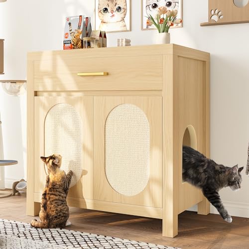 HACHIKITTY Cat Litter Box Enclosure, Hidden Cat Litter Box Furniture with Scratching Board Doors and Storage Drawer, Wooden Washroom Cat House Table Nightstand Box Cabinet, Natural