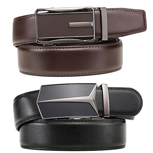 Founders & C Mens Belt 2 Pack,Leather Ratchet Click Belt Dress with Slide Buckle 1 3/8" in Gift Set Box- Size Adjustable2