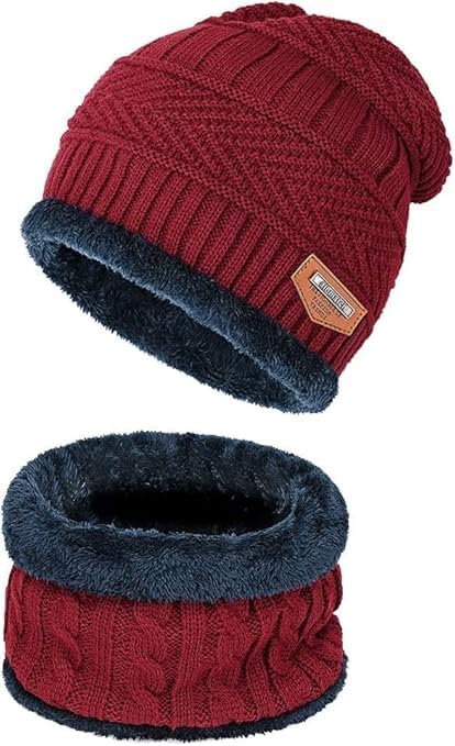 Winter Woolen Beanie Cap and Neck Warmer Scarf Set for Men & Women | Soft Fleece Lined Knitted Hat & Scarf Combo for Cold Weather (Red)-image-46