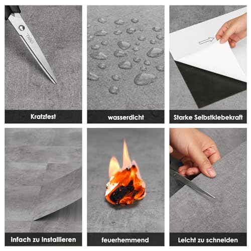 Mulgreat - PVC Bodenbelag Galena - Selbstklebende Vinyl-Fliesen - Vinylboden - Betoneffekt - Grau- 60,96 cm x 30,48 cm x 1,5 mm - Dicke 1,5 mm - 2.23m² / 12 Fliesen