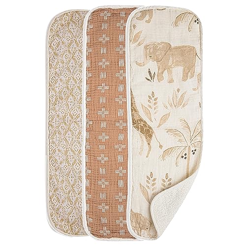 Image of Crane Baby Soft Muslin Burp Cloth, Lightweight and Absorbent Burp Cloth for Boys and Girls, Safari Animal, 3 Piece, 7” x 20”