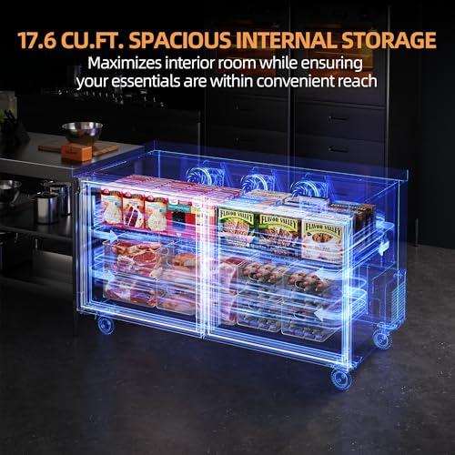 Image of Coolski 60 inchW Commercial Freezer Undercounter Worktop, 17.6 Cu.ft. Stainless Steel Worktop Food Prep Freezer, -13℉to -5℉, Double Door 2 Shelves Fridge for Restaurant /Bar /Diner /Kitchen Use