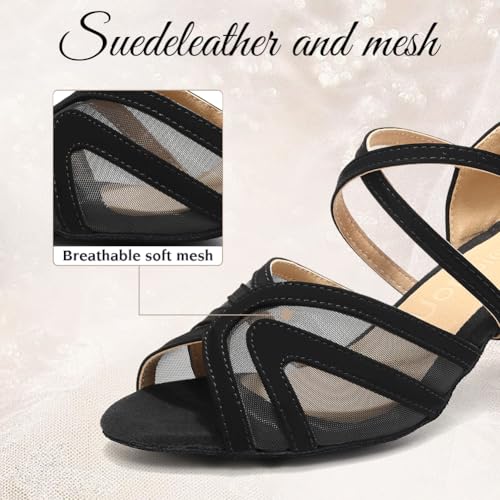 Women's Latin Ballroom Dance Shoes Mesh Open Toe Salsa Shoes 2 Inch Heel, Black3