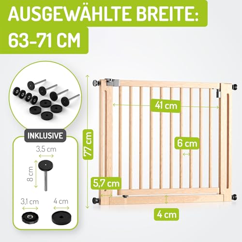 BOMI Schutzgitter Miko PEFC geprüftes Buchenholz | Ohne Bohren | 90° Stop | Türschutzgitter schmal aus Holz | Treppenschutzgitter Türgitter Klemmgitter | Breite: 63-71 cm