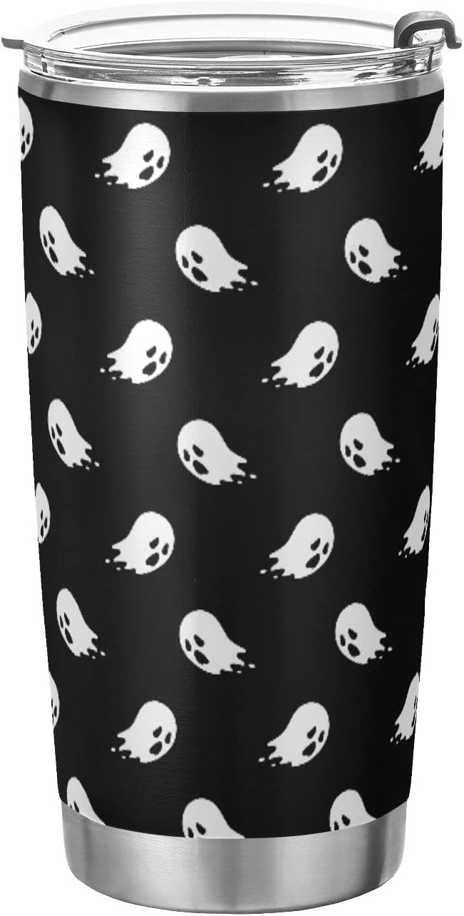 Halloween Tumbler Doodle Spooky Ghost Insulated Coffee Cup Back to School Beverage Container Office Travel Mug with Straw and Lid 20oz Holiday Gift Day of The Dead Present