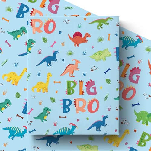 Pineraap Dinosaur Big Brother Wrapping Paper Roll for Little Boys, Blue New Brother Party Gift Wrap, Cute Cartoon Big Bro Gift Packing Paper for Gender Reveal Baby Shower Party, 17Inch x 16.5Feet