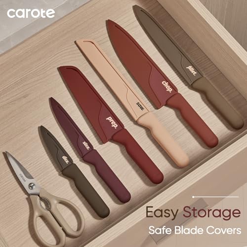 Image of CAROTE Knife Set with Letter, Knives with Kitchen Shears, 13-Piece | 6 Stainless Steel Knives, Nonstick Ceramic Surface & Blade Guards, Dishwasher Safe, Ergonomic Handles, Daily use