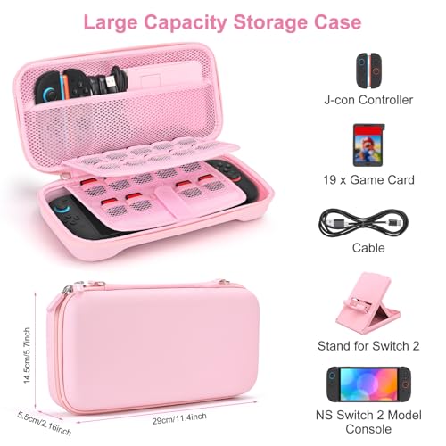 Younik Switch 2 Case Compatible with NS Switch 2 (2025), Carrying Case with 19 Game Card Slots, 4 in 1 Switch 2 Accessories Includes Shoulder Strap, Wrist Strap & Stickers (Pink) by Younik - Image 2