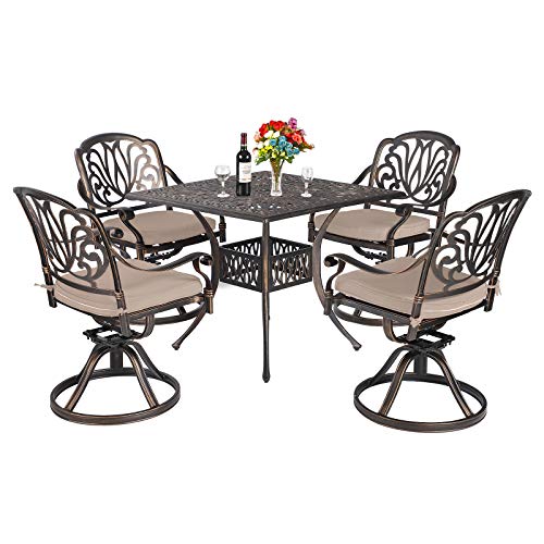 Titimo 5-Piece Outdoor Dining Patio Set, All-Weather Cast Aluminum Furniture Set Includes 4 Swivel Rocker Chairs With Cushions And 35.4" Square Table With Umbrella Hole For Yard Garden Deck #TOP15