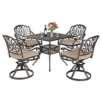 Alternative view of TITIMO 5-Piece Outdoor Dining Patio Set, All-Weather Cast Aluminum Furniture Set Includes 4 Swivel Rocker Chairs with Cushions and 35.4" Square Table with Umbrella Hole for Yard Garden Deck