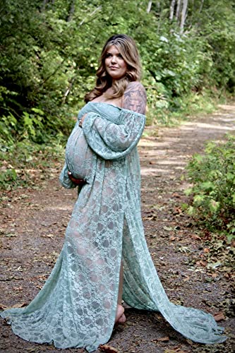 Saslax Lace Off Shoulder Doubly Split A-Line Skirt Maternity Dress Soft Stretchy Pregnancy Prop Maxi Gown For Photoshoot Sage Large #TOP6