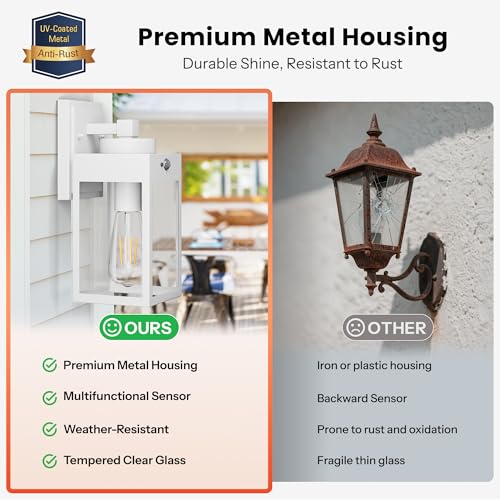 Image of Gleamz 2-Pack Motion Sensor Outdoor Light Fixtures Wall Mount, Waterproof | Modern White Dusk to Dawn Exterior Wall Lantern for House Front Porch, Waterproof Outdoor Sconce Lights for Garage, Coach