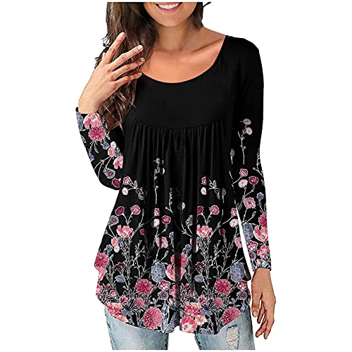 Long Sleeve Shirts for Women,Trendy Scoop Neck Pleated Tunic Tops Flowy Boho Floral Shirts Polluver Blouse Plus Size